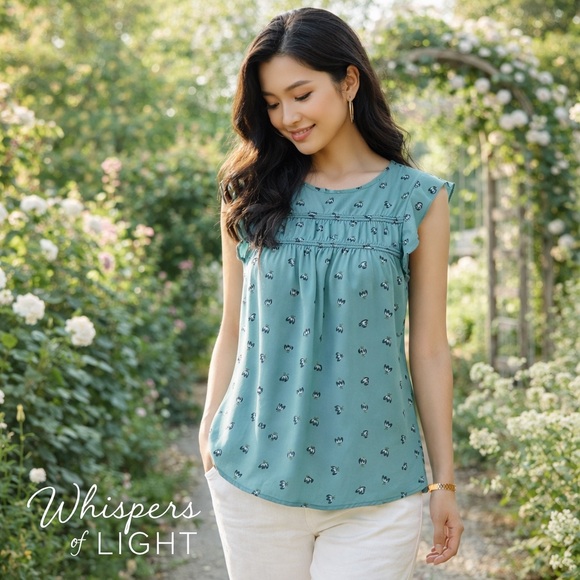 LOFT Petite Floral Sleeveless Blouse | Soft Teal | Size SP - Picture 4 of 7
